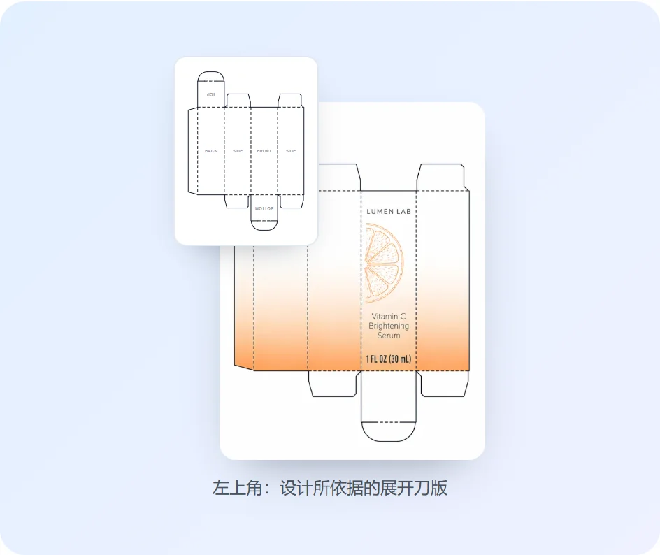 AI 在刀版上设计的插舌盒，旁边是设计所用的平面刀版