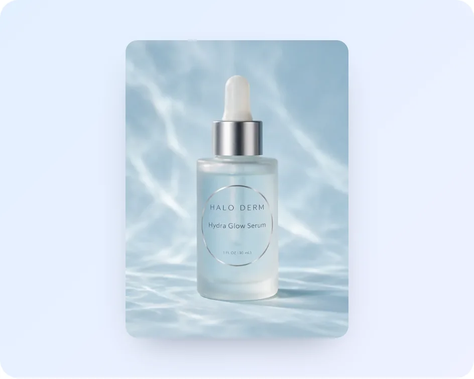 Halo Derm Hydra Glow Serum dropper bottle mockup on rippling water light, with the label words kept as designed