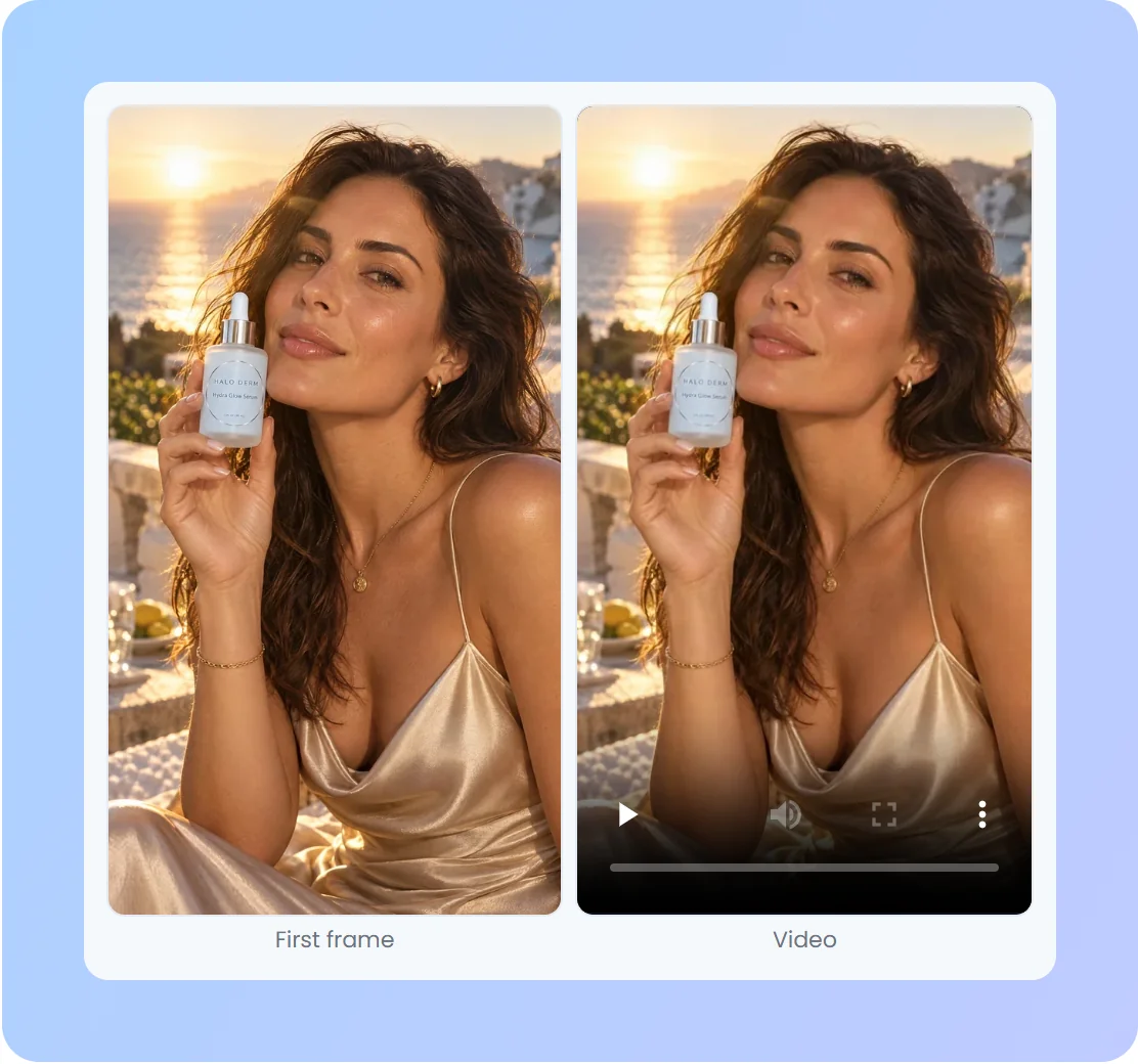 A skincare model holding a serum bottle at sunset by the sea: the first frame beside the video it became