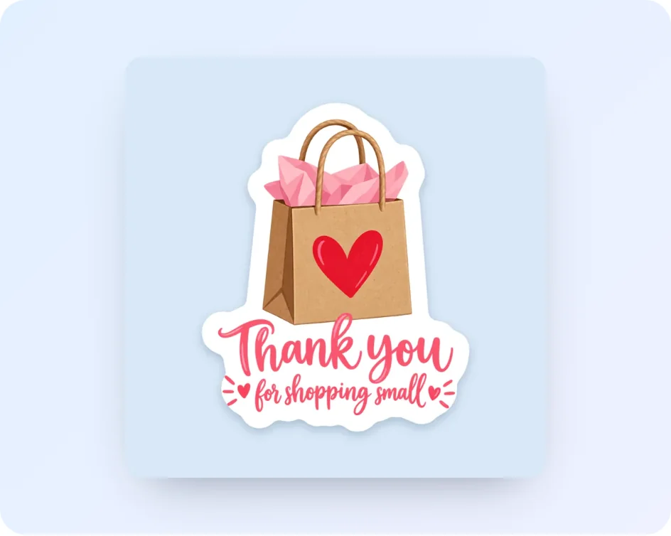 A "Thank you for shopping small" sticker with a kraft gift bag, drawn by AI with its white border