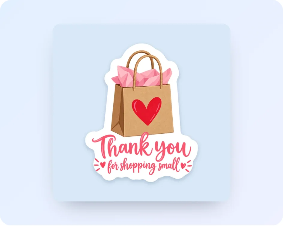 AI 画的"Thank you for shopping small"感谢贴纸,牛皮纸礼品袋图案,带白边