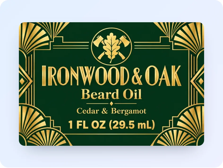AI label for Ironwood & Oak cedar and bergamot beard oil, 1 fl oz, gold art deco frame on deep green