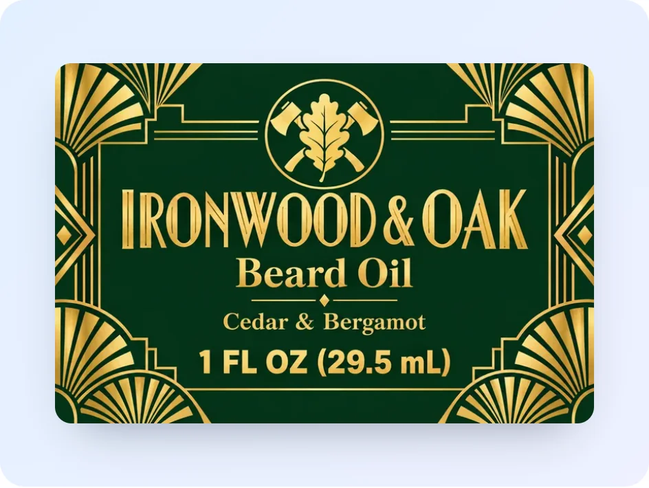 AI 设计的 Ironwood & Oak 雪松佛手柑胡须油标签,1 fl oz,深绿底配金色装饰艺术边框