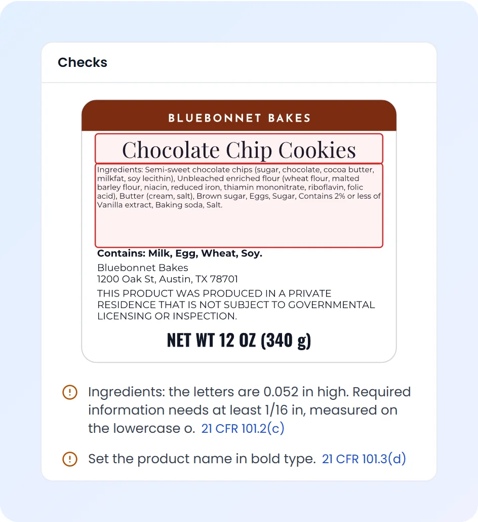 Checks on a cookie label: ingredient letters measured at 0.052 in against the 1/16 in minimum, and the product name to set in bold, each with its rule