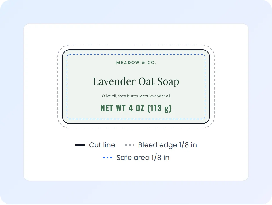 Soap label with its cut line, a 1/8 in bleed edge and a 1/8 in safe area for the words