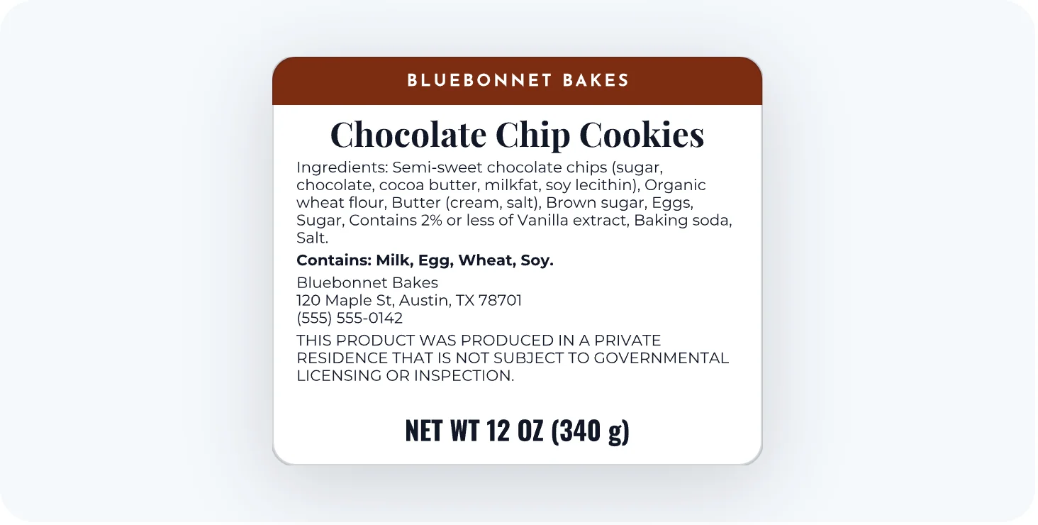 A Texas chocolate chip cookie label with ingredients, allergens, the seller's address and the cottage food statement in capitals