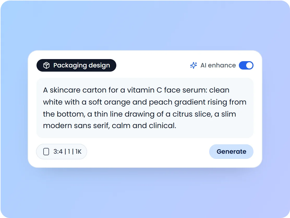 The AI packaging design composer with a description of a vitamin C serum carton: colors, line drawing, type and mood