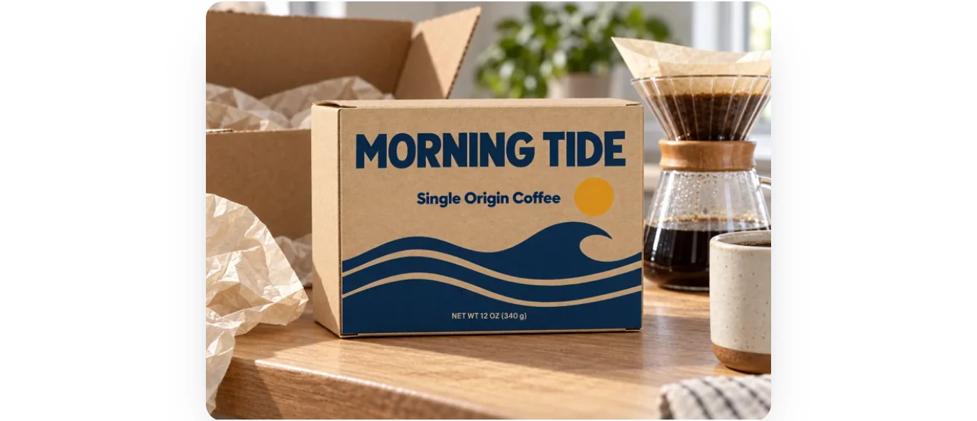 A coffee box with a navy wave design standing on a kitchen counter beside an open shipping carton and a pour-over coffee maker