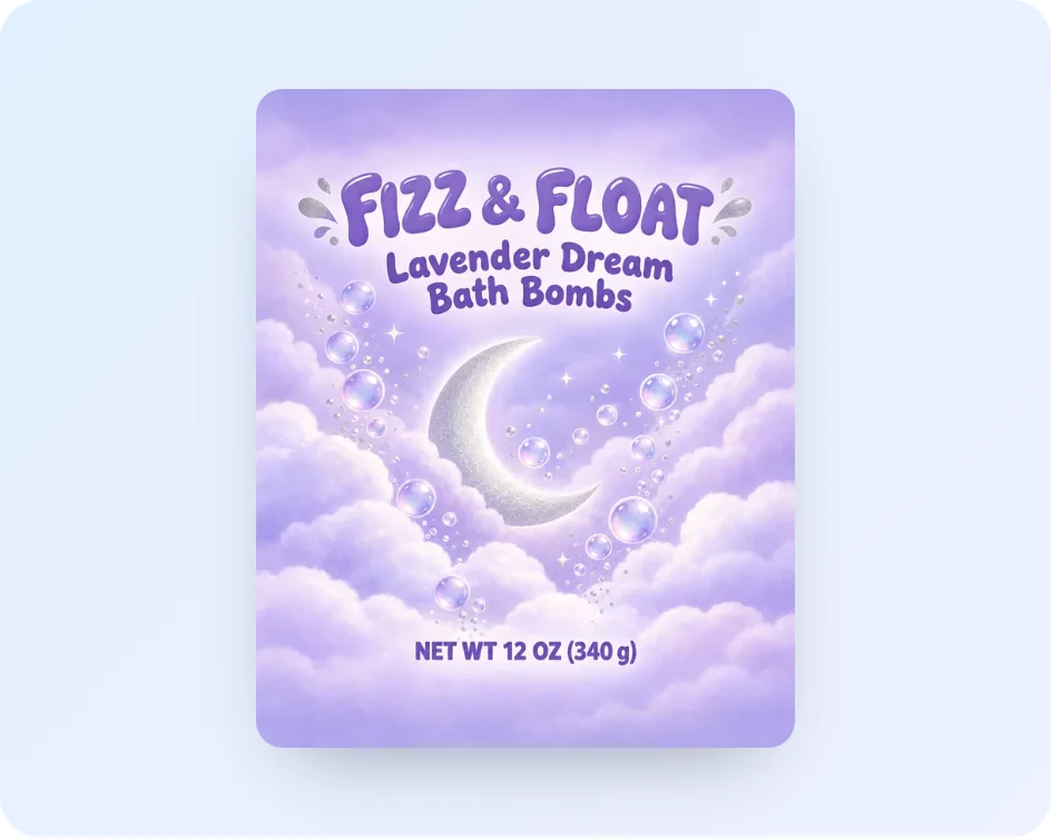 A lavender bath bomb pouch front designed with AI: the brand on top, the product name under it, one moon and cloud picture and the net weight at the bottom