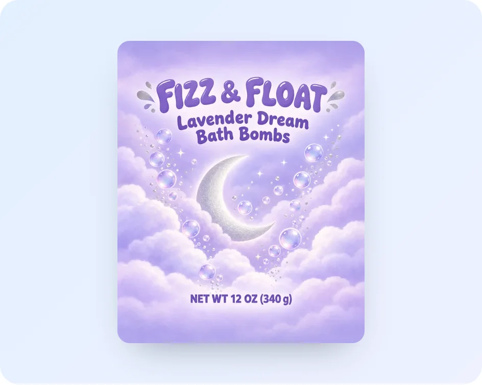 用 AI 设计的薰衣草沐浴球自立袋正面:品牌在上,产品名称在下,一幅月亮和云的图,净含量在底部