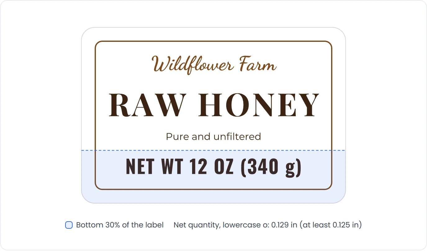 A raw honey label with the bottom 30 percent shaded and the net weight inside it, its lowercase o measured at 0.129 in against a 0.125 in minimum