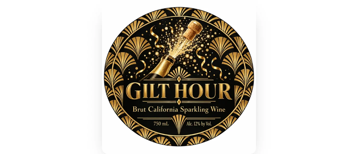 Round art deco wine label for Gilt Hour Brut California Sparkling Wine, 750 mL, Alc. 12% by Vol., designed by AI from a short brief