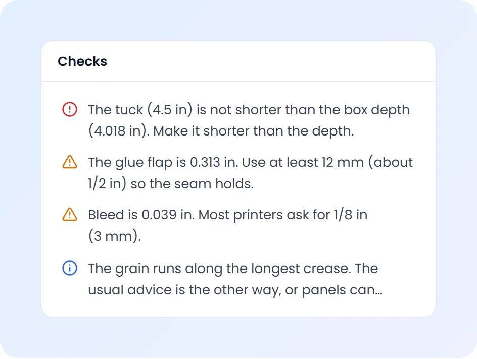 Dieline checks: a tuck deeper than the box, a glue flap too narrow, thin bleed and the grain direction, each with its fix