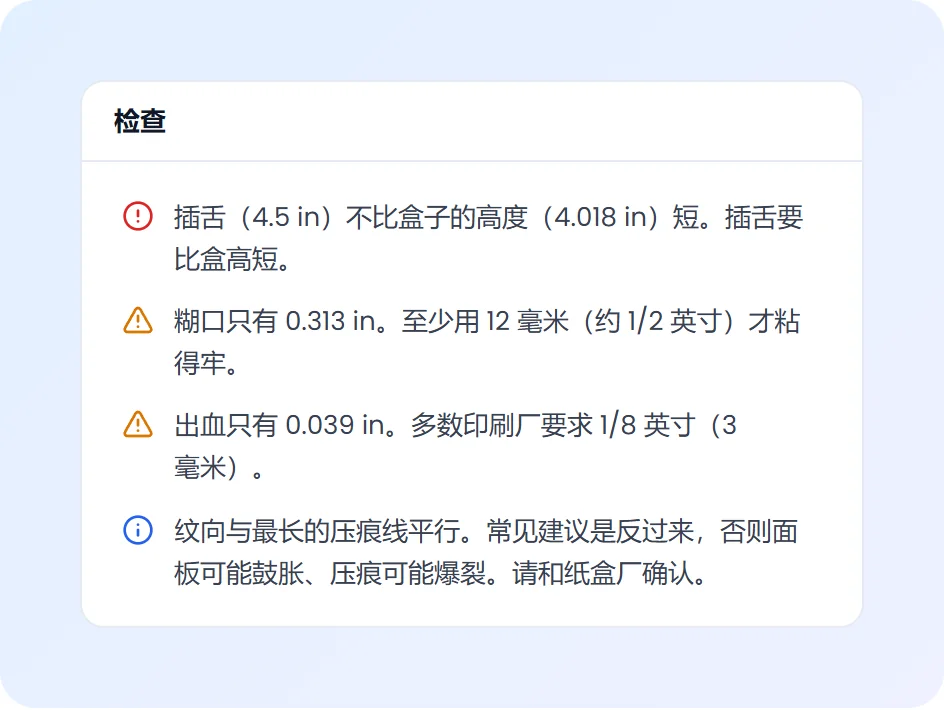 刀版检查:插舌比盒子深、糊口太窄、出血太少和纹路方向,每条附修改办法
