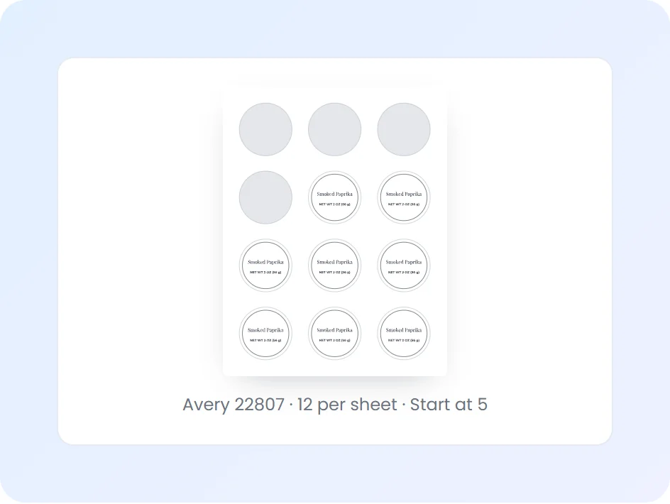 Round product labels laid out on an Avery 22807 sheet, 12 per sheet, printing from label 5