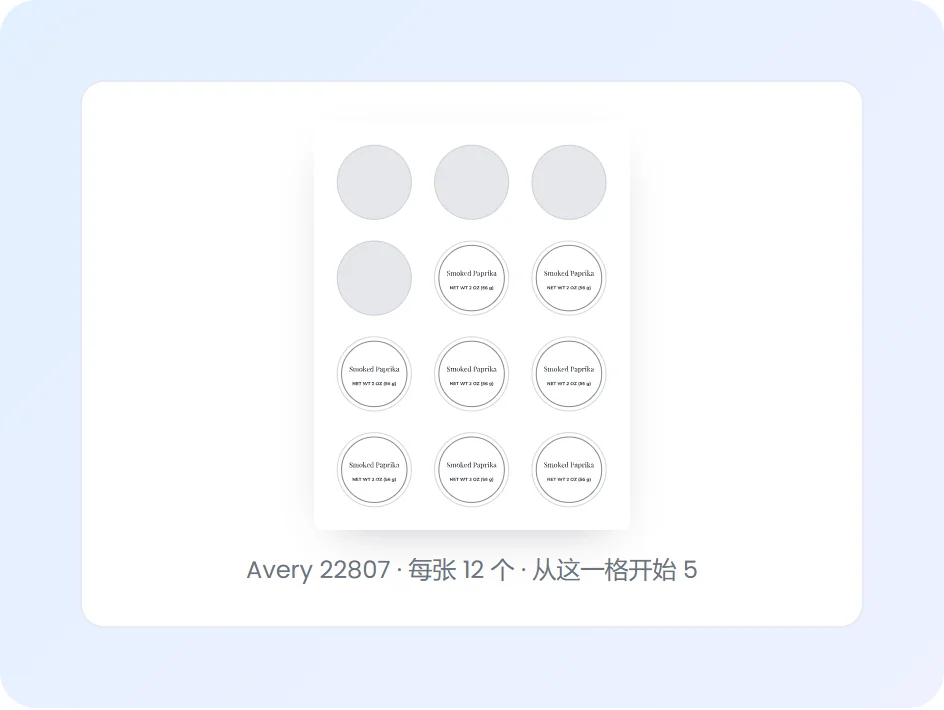 圆形产品标签排在 Avery 22807 标签纸上,一张 12 个,从第 5 个开始打印