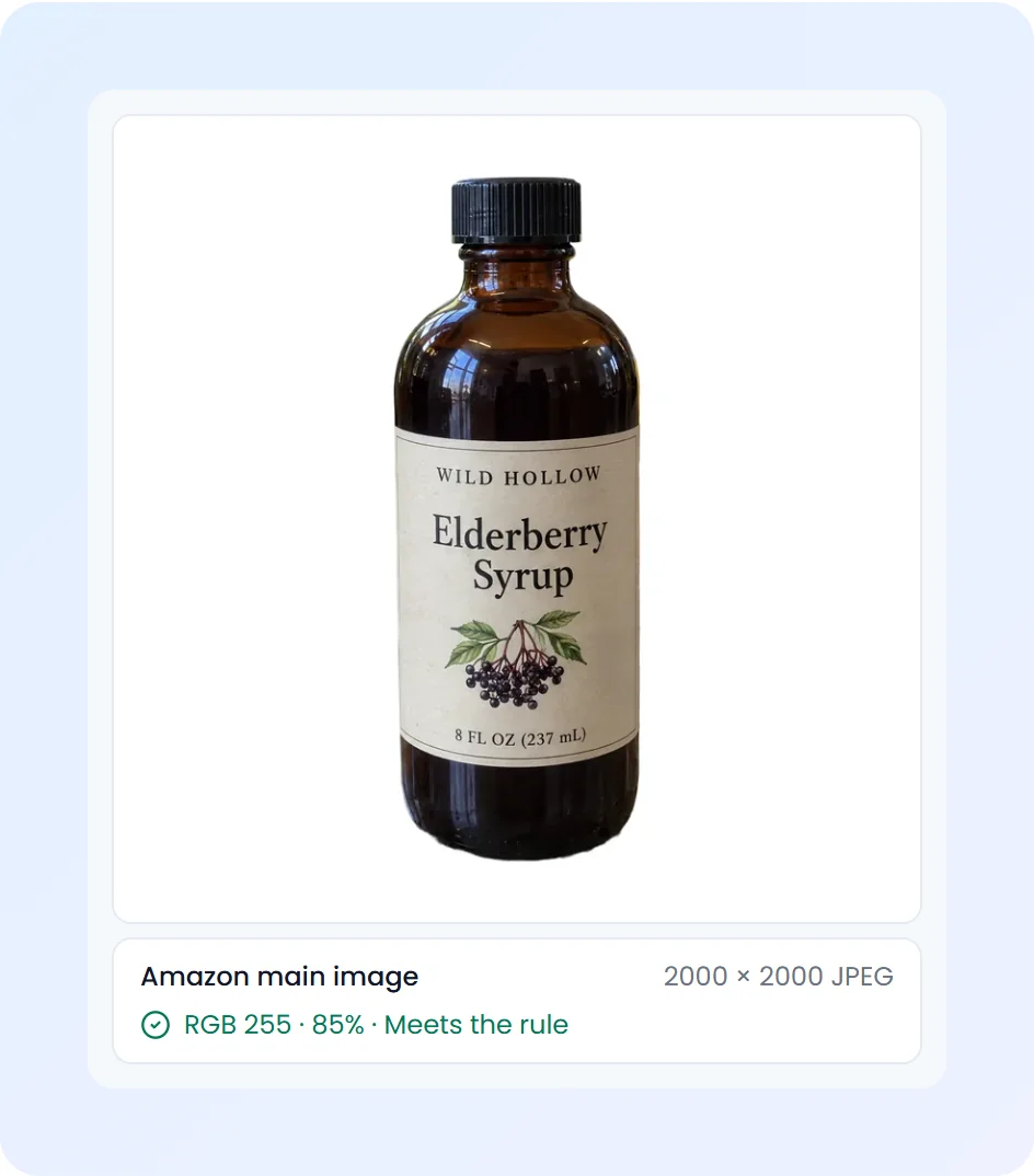 Wild Hollow Elderberry Syrup on a pure white Amazon main image, 2000 by 2000 pixels, marked as meeting the rule