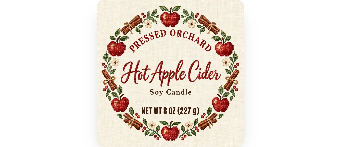 Round AI label for Pressed Orchard Hot Apple Cider soy candle on an 8 oz tin lid, cross-stitch apples around the edge
