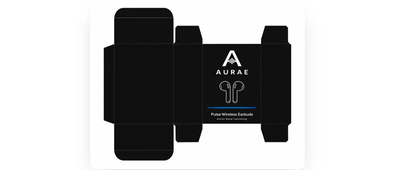 A black tuck end box for Aurae Pulse wireless earbuds, designed by AI on its flat dieline with the logo and earbuds on the front panel