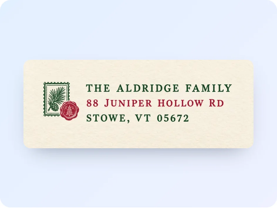 Holiday return address label designed by AI at the size of Avery 5160, thirty to a sheet, with every word of the address as typed
