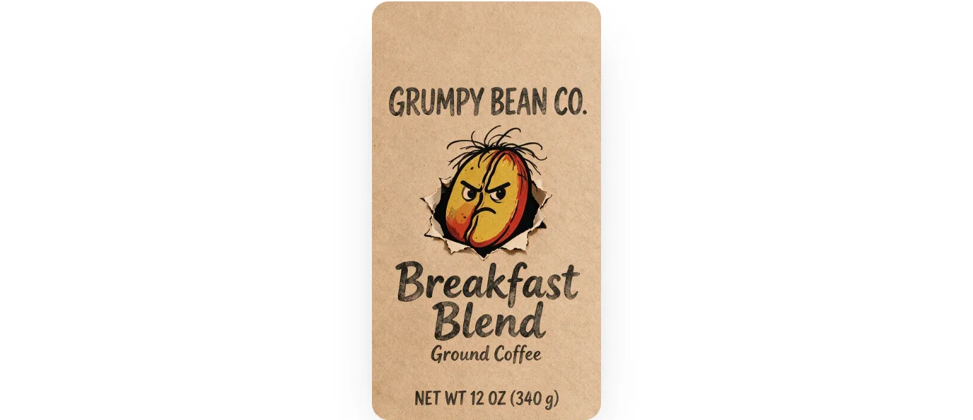 Kraft coffee bag front for Grumpy Bean Co. Breakfast Blend with a grumpy coffee bean mascot and NET WT 12 OZ (340 g)