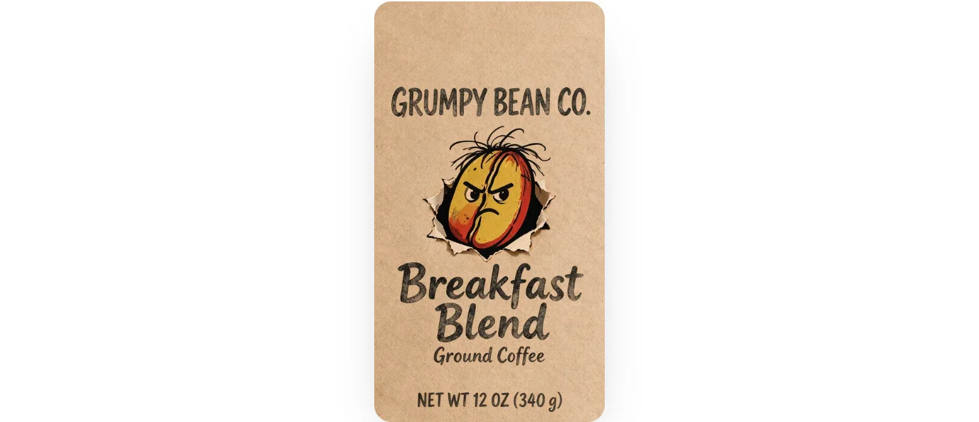 Grumpy Bean Co. 早餐拼配咖啡的牛皮纸袋正面,一颗脾气暴躁的咖啡豆吉祥物,净含量 12 OZ(340 g)