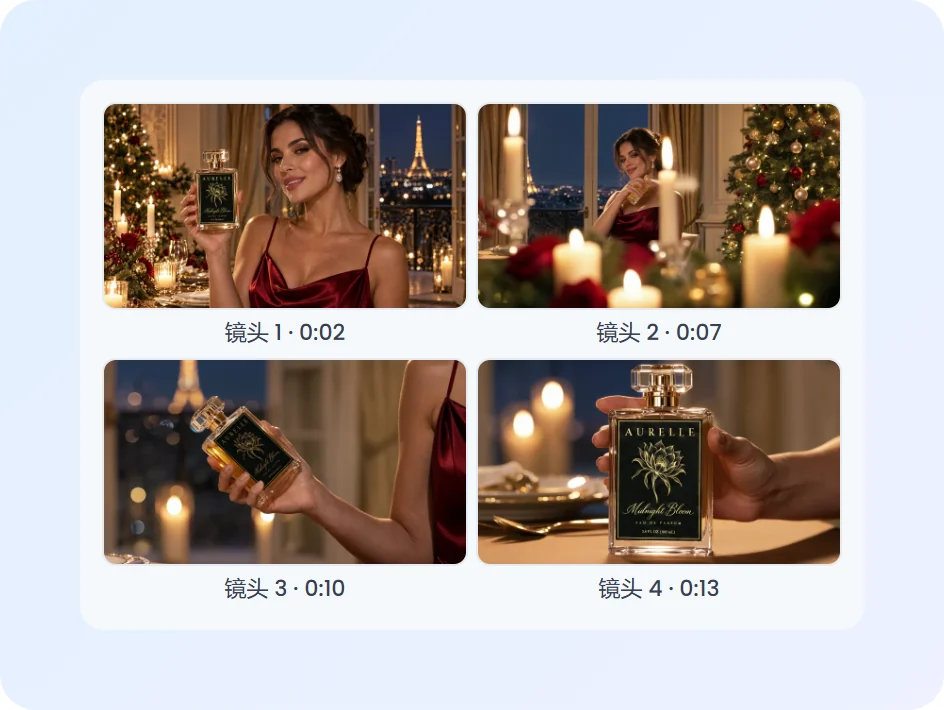 香水广告片的四个镜头:穿红色晚礼服的模特在烛光节日晚宴上,手中的香水瓶,以及香水瓶的结尾定格