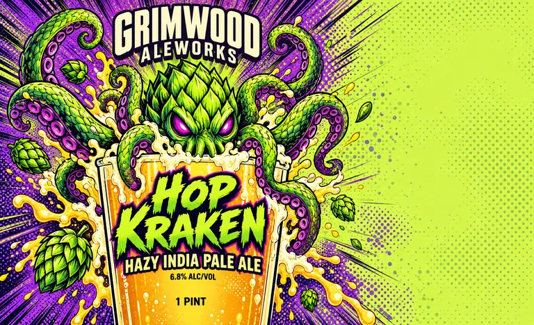 GRIMWOOD ALEWORKS Hazy India Pale Ale의 헤이지 IPA 캔, AI 맥주 캔 디자인에서 제작