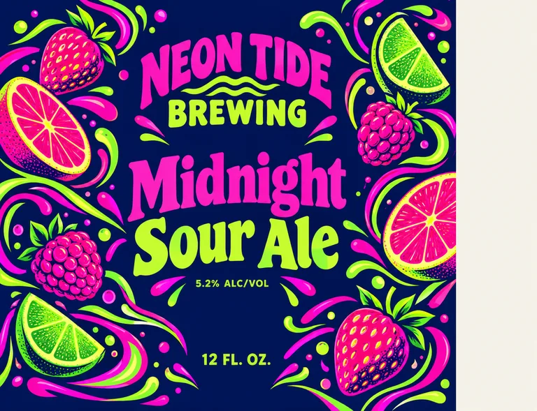 NEON TIDE BREWING Midnight Sour Ale의 빛나는 사워 에일 캔, AI 맥주 캔 디자인에서 제작