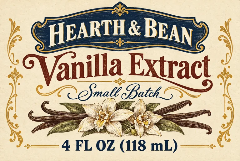 HEARTH & BEAN Vanilla Extract 香草精瓶标签,用 AI 瓶子标签设计 生成