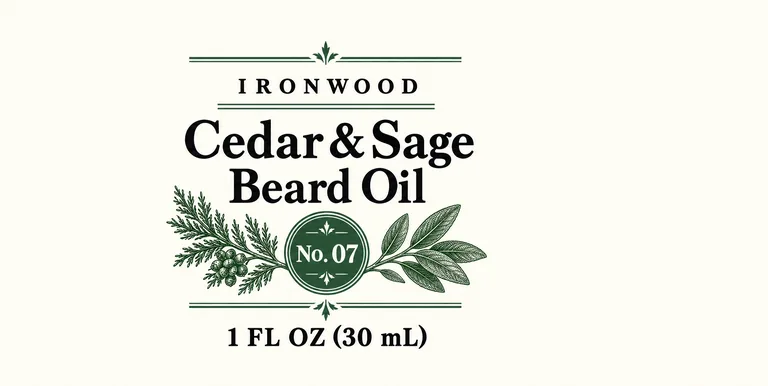 IRONWOOD Cedar & Sage Beard Oil 胡子油滴管瓶标签，用 AI 瓶子标签设计 生成