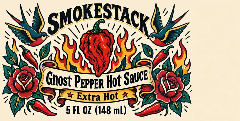 SMOKESTACK Ghost Pepper Hot Sauce 辣酱瓶标签，用 AI 瓶子标签设计 生成