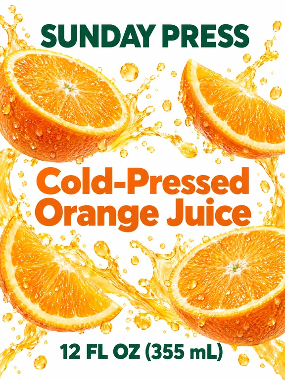 SUNDAY PRESS Cold-Pressed Orange Juice 果汁瓶标签，用 AI 瓶子标签设计 生成