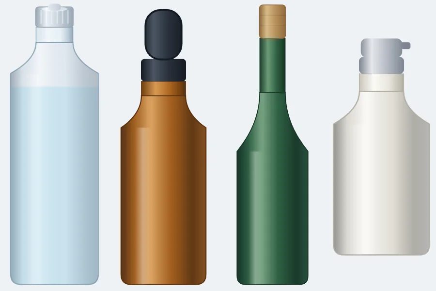 Une bouteille d’eau transparente vierge, un flacon compte-gouttes ambre, une bouteille de vin verte et une bouteille de lotion blanche