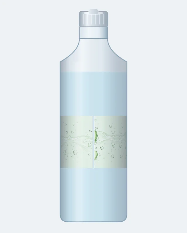 L’étiquette enveloppante de la bouteille d’eau tournée vers l’arrière, là où ses deux extrémités se rejoignent, avec la jointure affichée