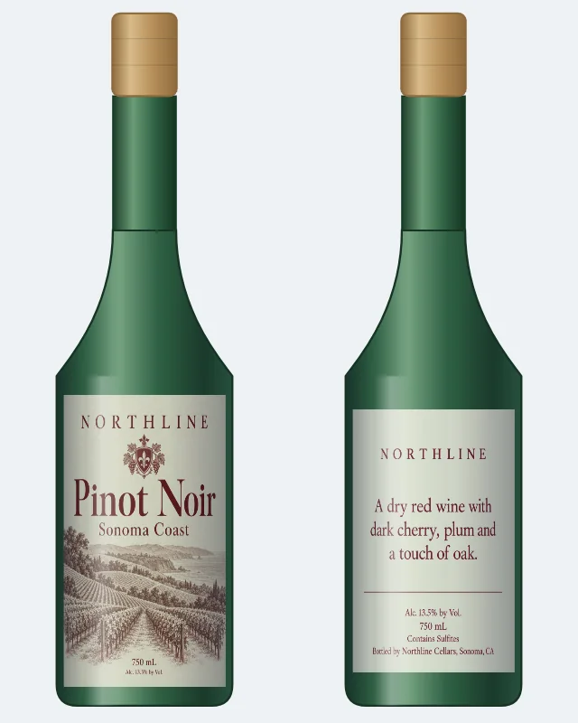 Une bouteille de vin avec son étiquette avant, et la même bouteille tournée pour montrer son étiquette arrière