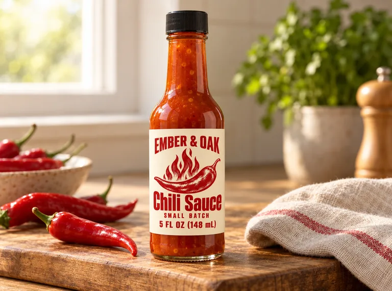 Bouteille de sauce piquante dans une cuisine, avec l’outil Mockup de bouteille IA