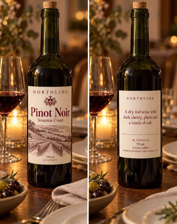 Bouteille de vin sur une table dressée, avec l’outil Mockup de bouteille IA