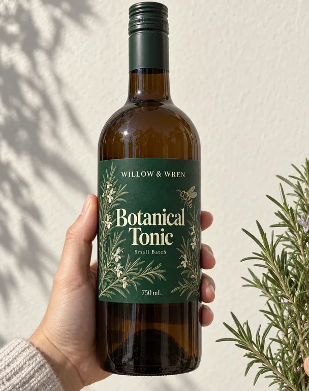 Tonic botanique tenu dans une main, avec l’outil Mockup de bouteille IA