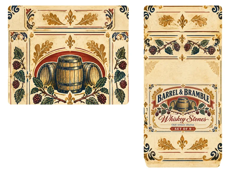 Gift set drawer box for BARREL & BRAMBLE Whiskey Stones, made with AI Box Design
