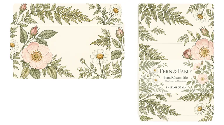 Hand cream drawer box for FERN & FABLE Hand Cream Trio, made with AI Box Design