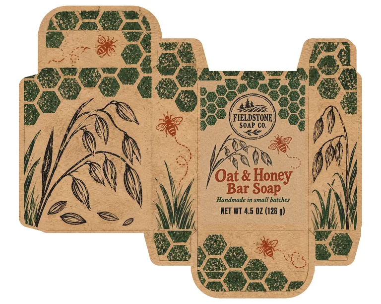 Soap box for FIELDSTONE SOAP CO. Oat & Honey Bar Soap, made with AI Box Design