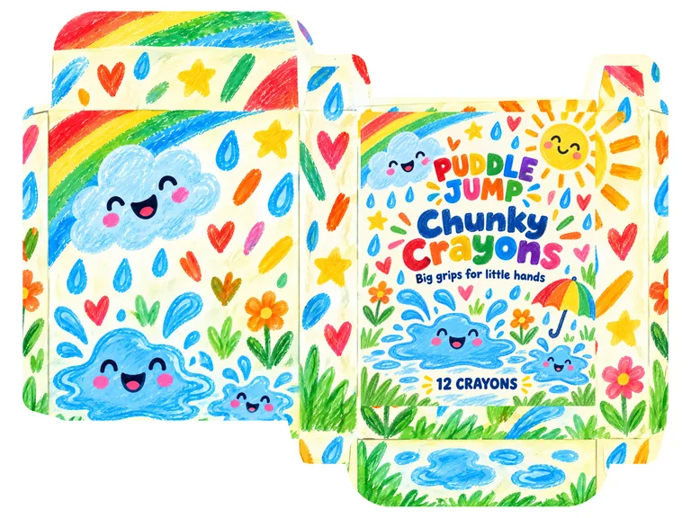 Crayon box for PUDDLE JUMP Chunky Crayons, made with AI Box Design