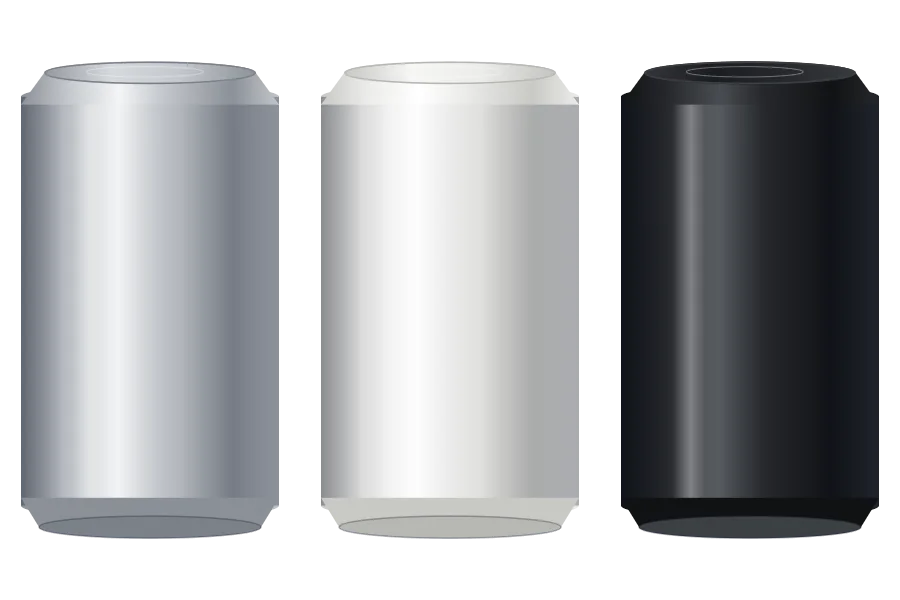 Lattine senza grafica in argento, bianco e nero della misura standard da 12 oz