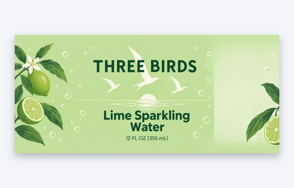 Un’etichetta avvolgente in piano per una lattina da 12 oz di acqua frizzante al lime, 206,4 × 92,1 mm (8,125 × 3,625 pollici), con il marchio, il gusto e il contenuto netto
