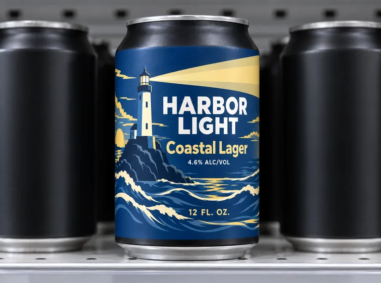 Lattina di lager su uno scaffale, con lo strumento Mockup di lattine con IA