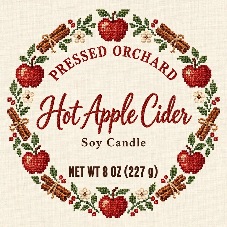 PRESSED ORCHARD Hot Apple Cider의 캔들 틴 뚜껑 라벨, AI 캔들 라벨 디자인에서 제작