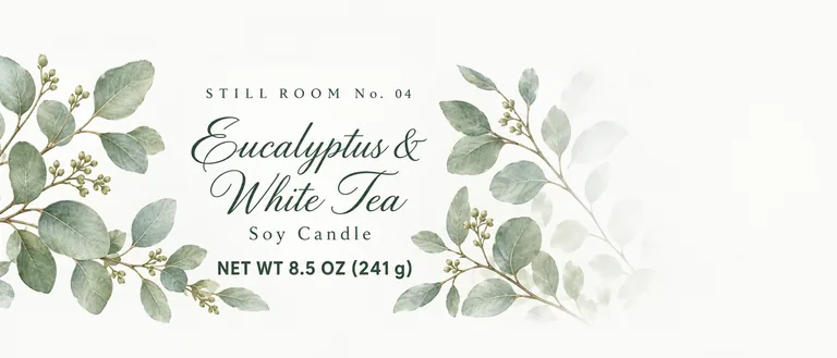 STILL ROOM No. 04 Eucalyptus & White Tea의 스파 캔들 둘레 라벨, AI 캔들 라벨 디자인에서 제작