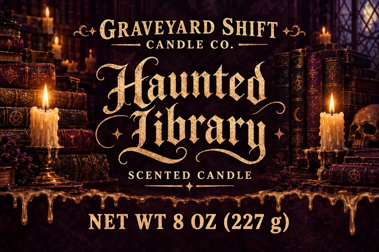 GRAVEYARD SHIFT CANDLE CO. Haunted Libraryのハロウィンの瓶ラベル、パッケージAIで作成