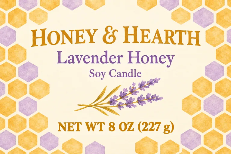 HONEY & HEARTH Lavender Honey의 캔들 라벨 리디자인, AI 캔들 라벨 디자인에서 제작